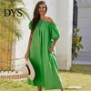 Puff Sleeve Midi Dress Women Off Shoulder Short Bubble Elastic Cuff Pleated Loose Solid Color Side Pockets Vacation Beach