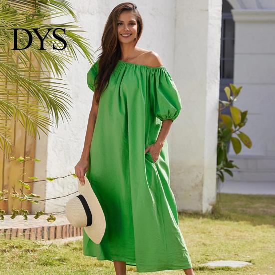 Puff Sleeve Midi Dress Women Off Shoulder Short Bubble Elastic Cuff Pleated Loose Solid Color Side Pockets Vacation Beach