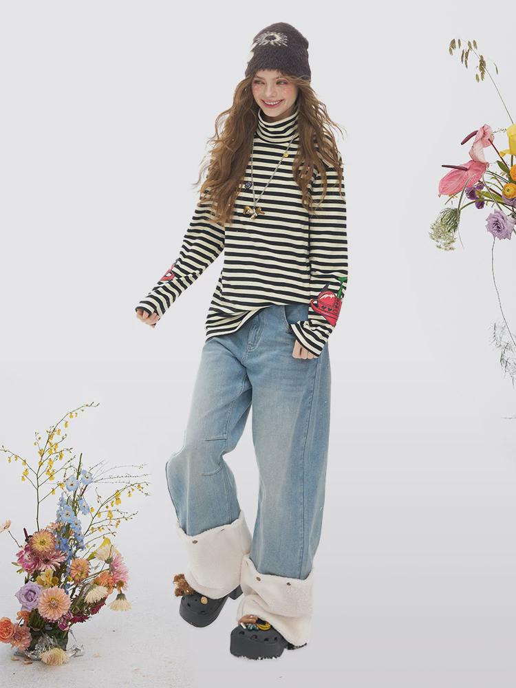 ELF SACK Striped High-Neck Long-Sleeve T-Shirt