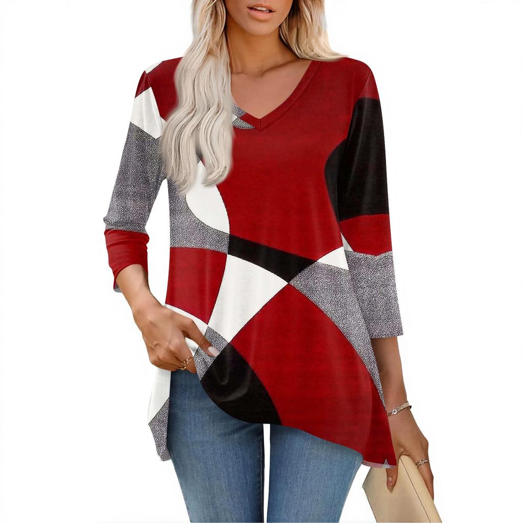 Womens Tops V-neck 3/4 Sleeve Blouses Casual Mid-length Shirts Fashion Print Tunic Tops