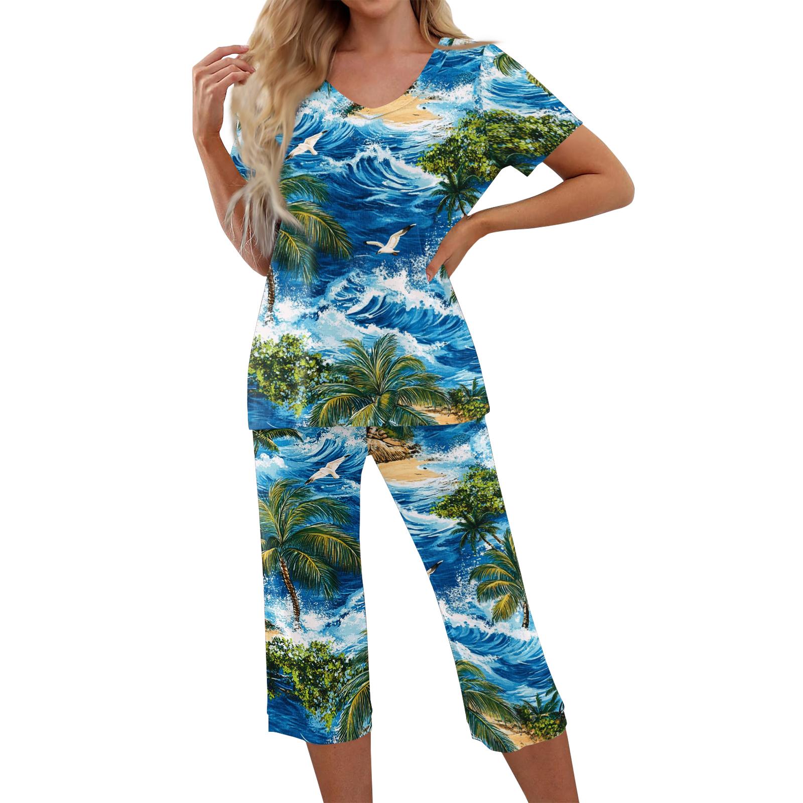 

Комплекты из 2 предметов для женщин: топ с коротким рукавом и брюки с карманами, мягкие тренировочные комплекты с принтом M синий