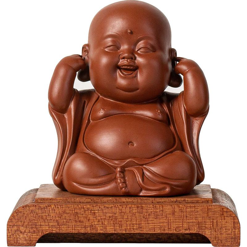 Ceramic Laughing Buddha Statue for Wealth, Three No Evil Maitreya Figurine, Zen Desk Decor for Home Office Entryway Tea Table