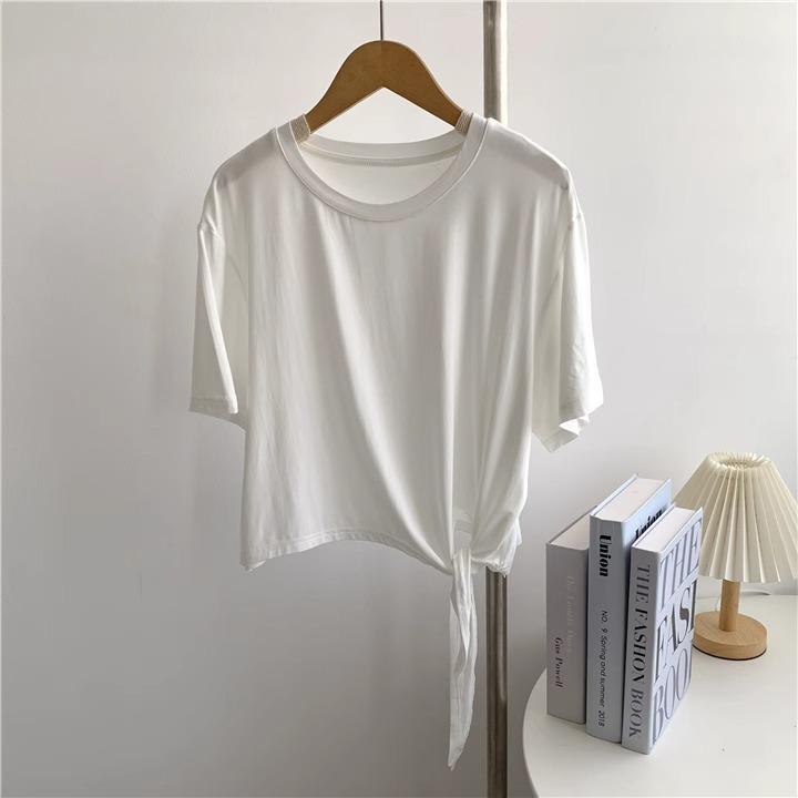 Summer Loose Short Sleeve Modal T-Shirt Women s Irregular Knotted Lace-Up Dance Suit Sports Yoga Short Top M