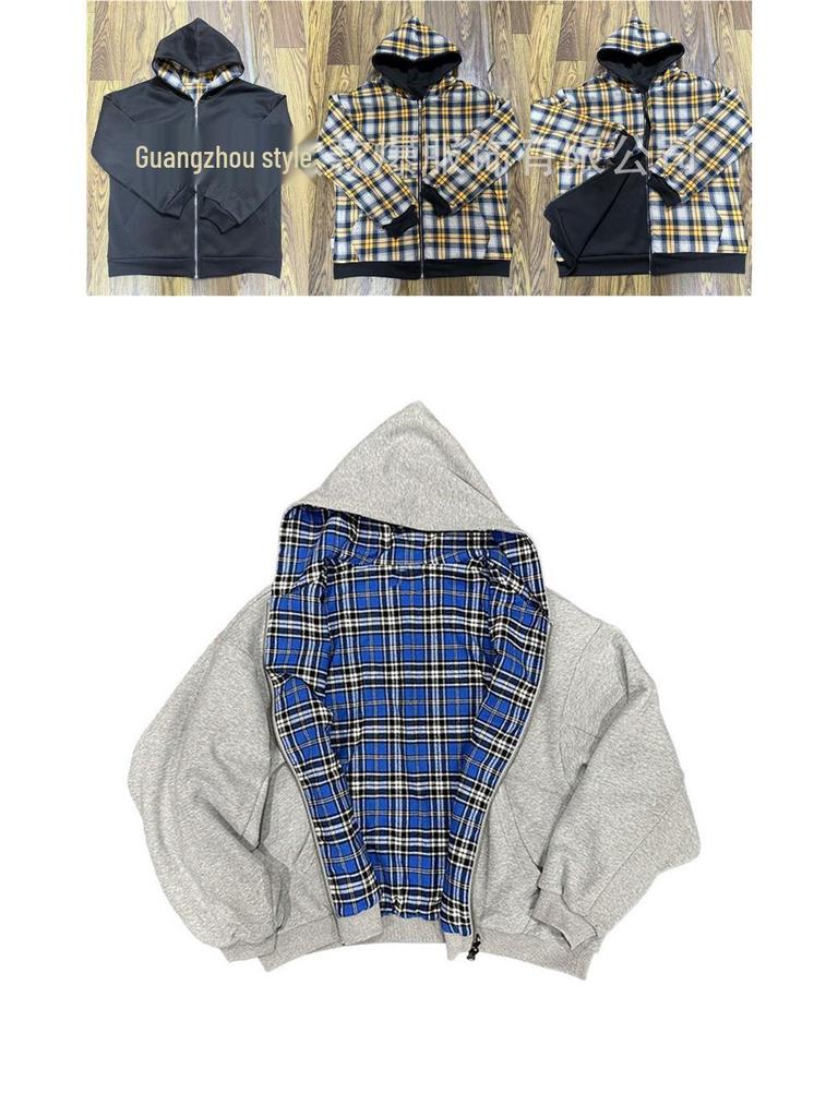 Herren Wendbarer Kapuzen-Karomuster-Patchwork-Reißverschluss-Hoodie - Herbst/Winter Kollektion