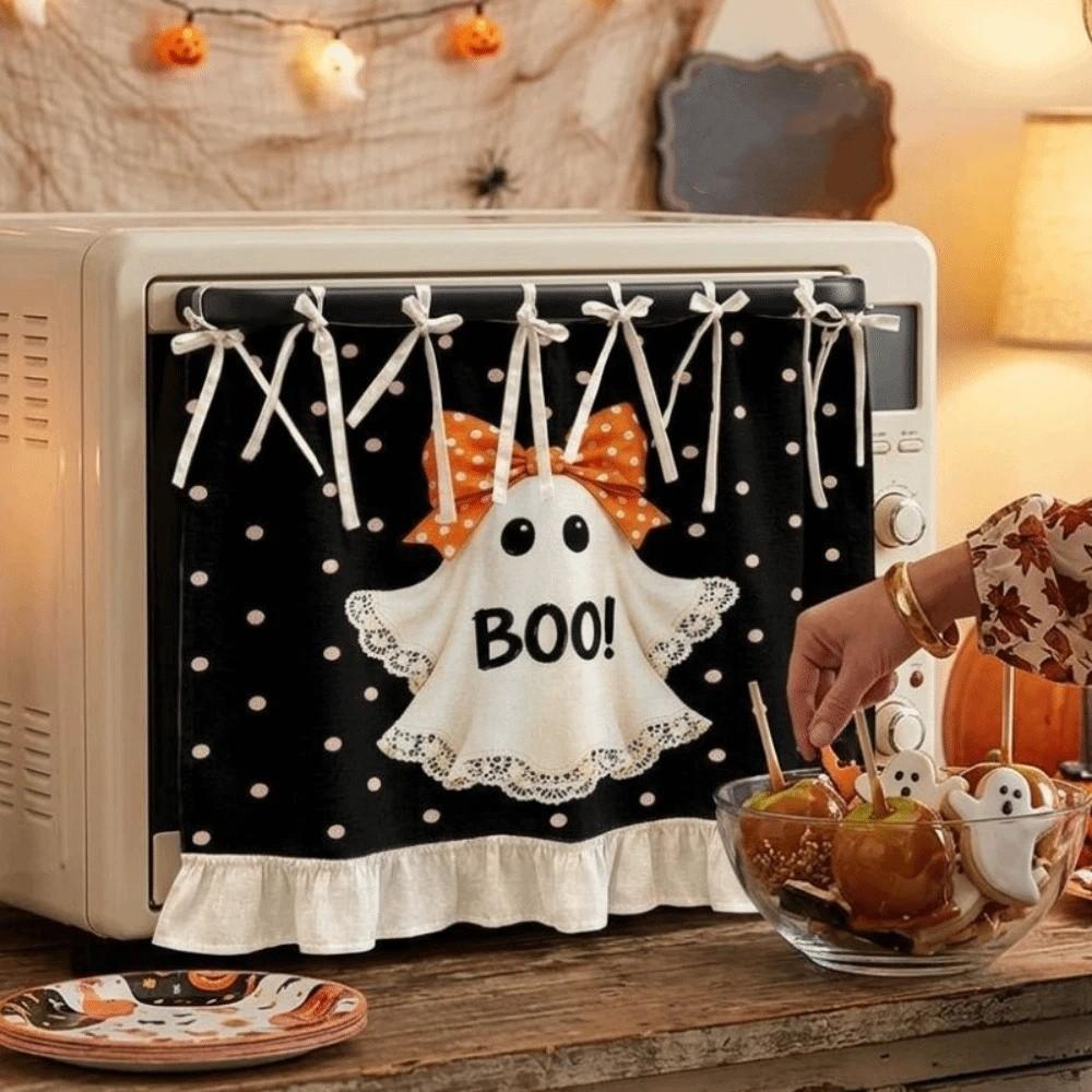 Seasonal Halloween Tie Oven Cover Curtain Pumpkin Ghost Pastoral Style Dishwasher Bow Decor Curtain Snowman Handmade