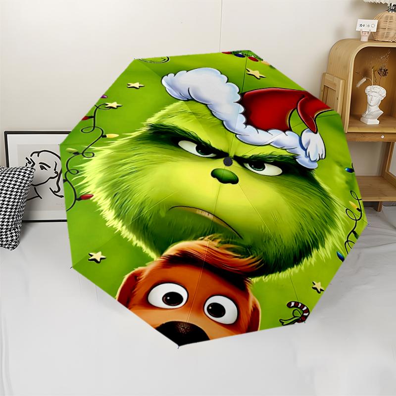 Umbrelă Automată cu Tematică Grinch, Ușoară și Portabilă, 8 Nervuri, Perfectă pentru Călătorii în Aer Liber, Zile de Naștere, Crăciun, Cadouri.
