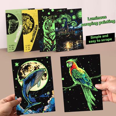 4 Pcs/Set A5 Noctilucent DIY Colorful Scratch Painting Castle Lanscape Cute Animal Night View Manual Scratch Painting Drawing