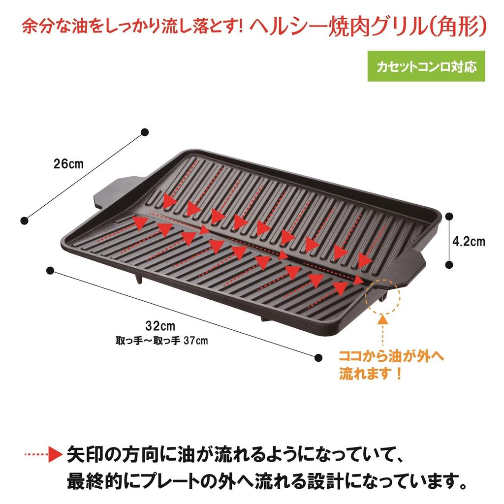 Ishigaki Grilling 37cm X 26cm X Delicious and Healthy Grilling Plate for Portable Gas with Grooves for Draining Excess for Korean 3562 Plate, Black,