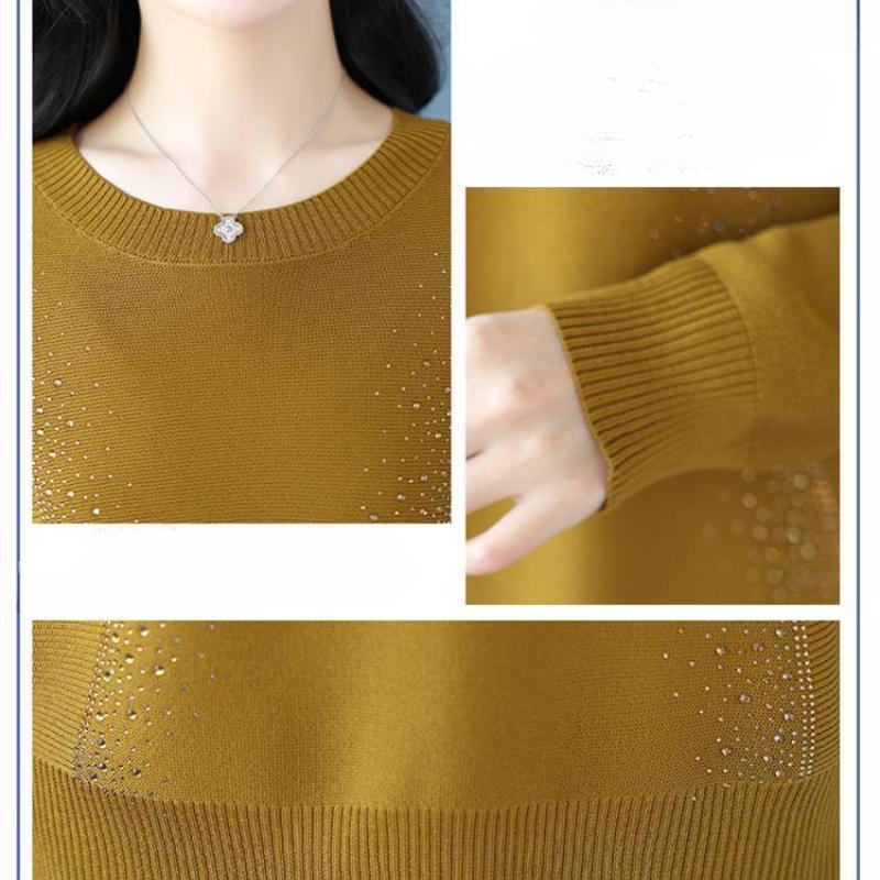WTEMPO Women's Knitted Sweater Round Neck Sweater Mom Loose Knitted Long Sleeve Top
