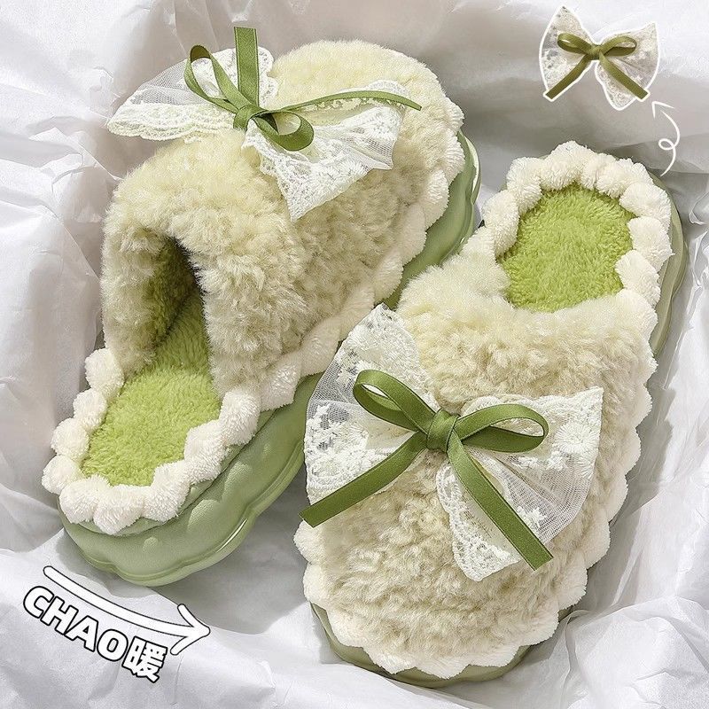Sweet bow cotton slippers women's winter indoor home velvet warm non-slip cotton drag lady