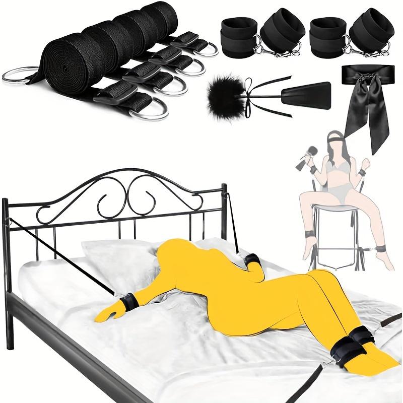 5pcs Set BDSM Bed Bondage Erotic Product, Steel Ring Handcuffs Ankle Cuffs Kit With Eye Mask, Flirting Feather, Leather Slap, Around Any Furniture, Be