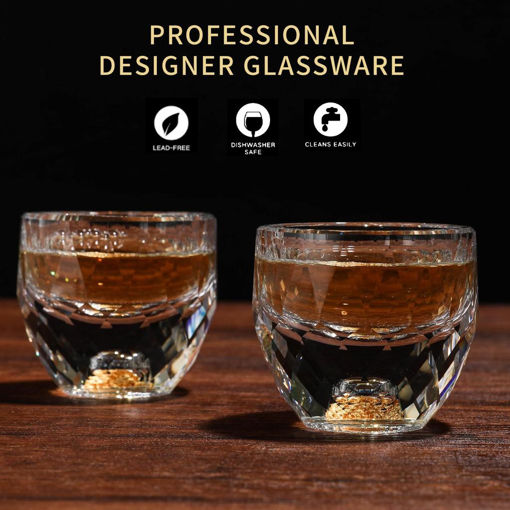 Handmade 1.7oz Crystal Shot Glasses/Whiskey Cups with 24K Gold Leaf, BPA & Lead-Free, Perfect for Décor & Gifts
