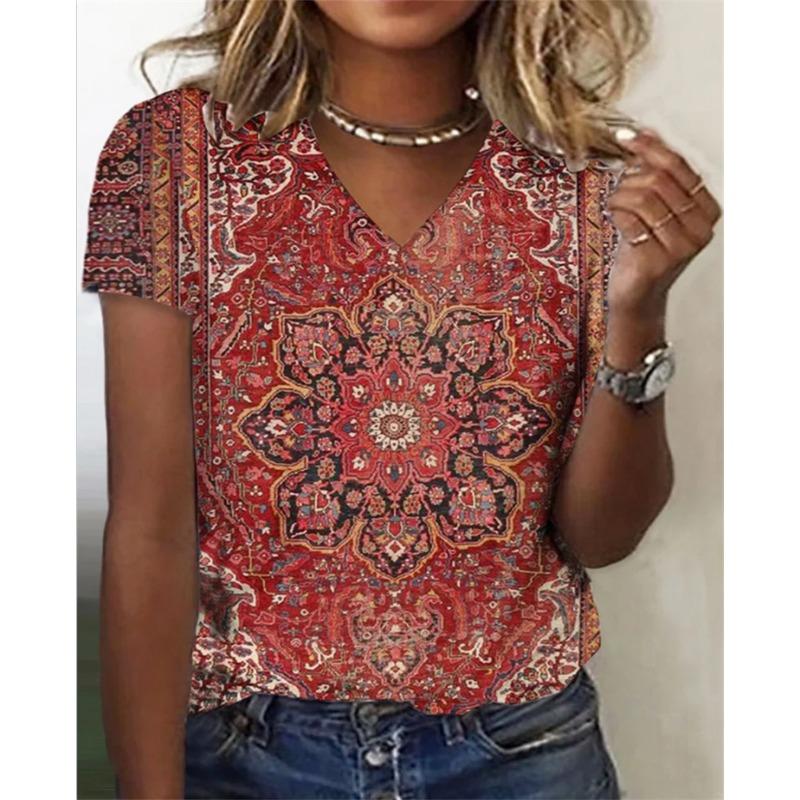 

Летняя винтажная футболка женская модная футболка с v-образным вырезом топы футболки Y2k одежда женские футболки женские Camisetas этнические 5XL