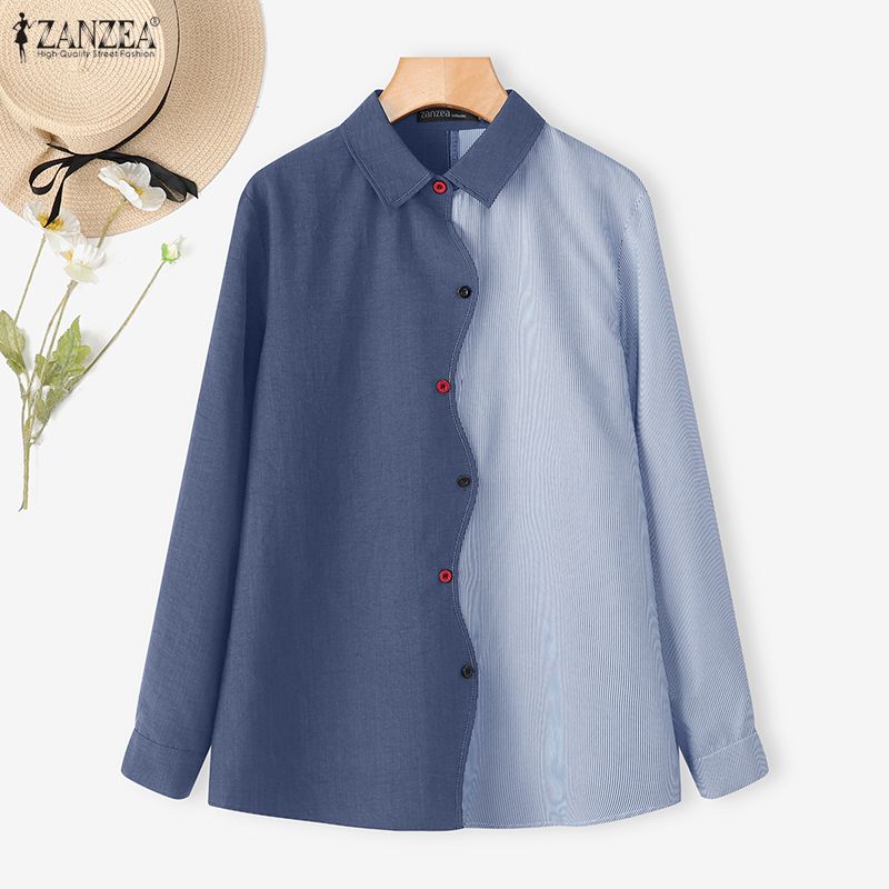 ZANZEA Women Casual Turn Down Collar Long Sleeve Splice Blouse