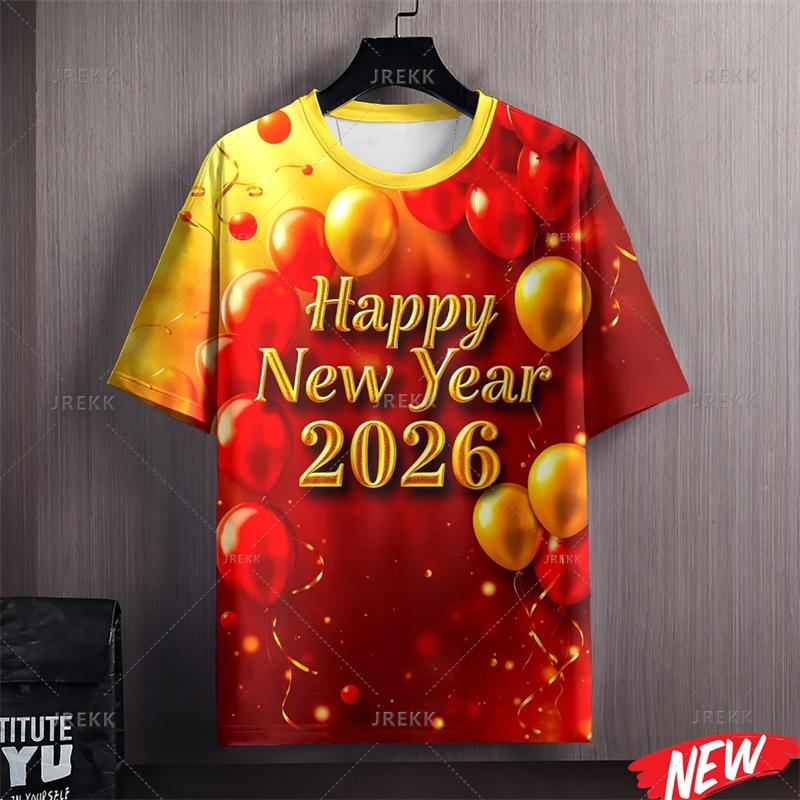 Colorful Happy New Year T Shirt Women 2026 New Year Round Neck Short Sleeve Women Family 3d Printing Horse Festival Party T Shirts