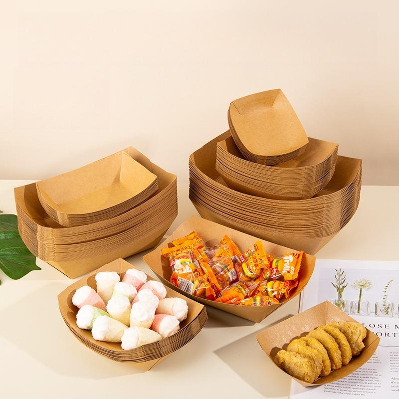 Disposable Paper Plates PE Coated Oil Proof Film Barbecue Plate Burger French Fries Grilled Skewers Hot Dogs Boat Shaped Tray Pack Tableware