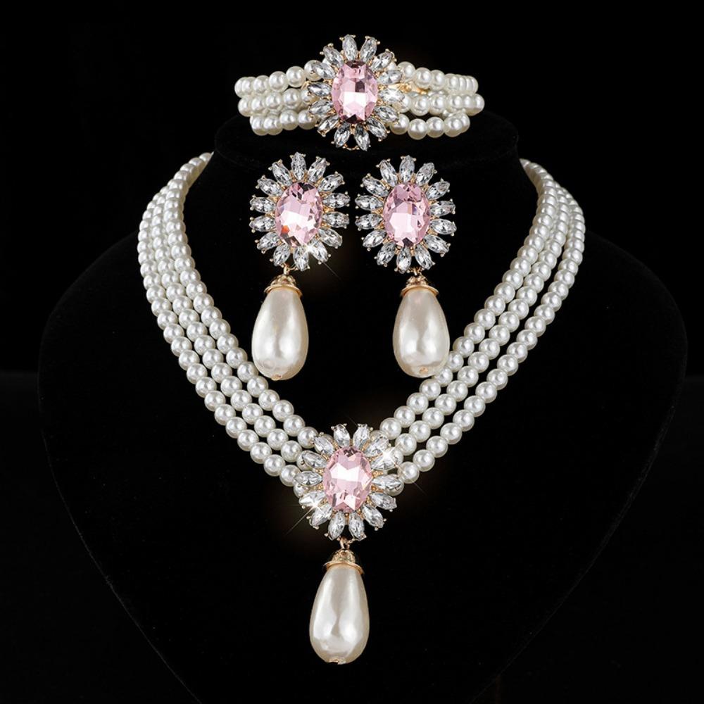 

Flower Multilayer Jewelry Set Shining Clavicle Chain Women s Necklace Party розовый