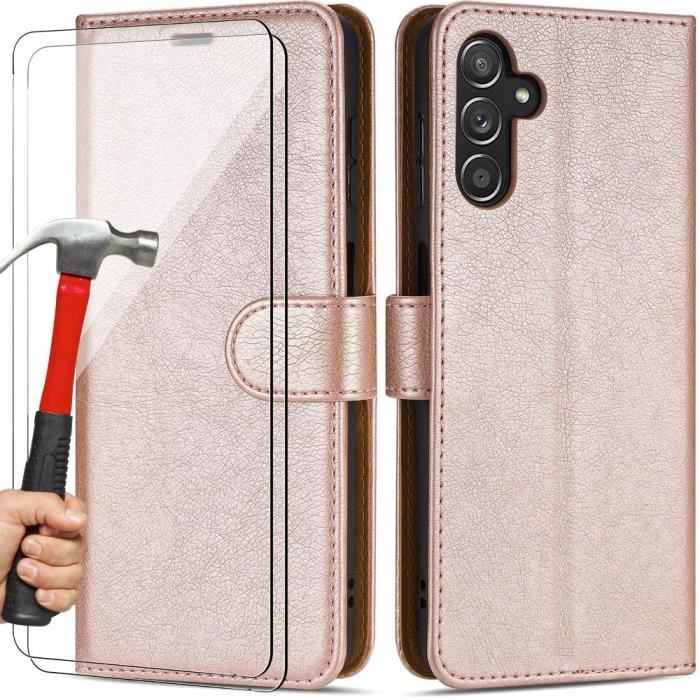 Coque pour Samsung Galaxy A14 4G/5G Effet Cuir Anti-Rayure Rose + 2 Verres Trempés