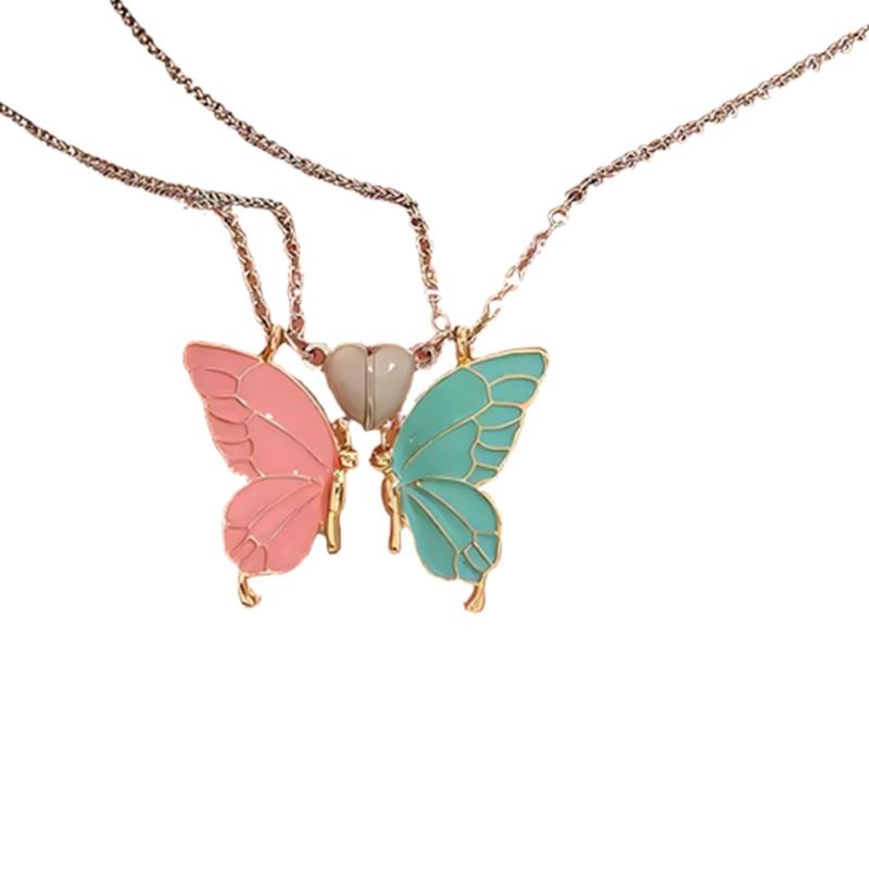 

2PCS Matching Butterfly Drop Oil Pendant Necklaces Featuring Luminous Effect And Secure Magnetic Closure