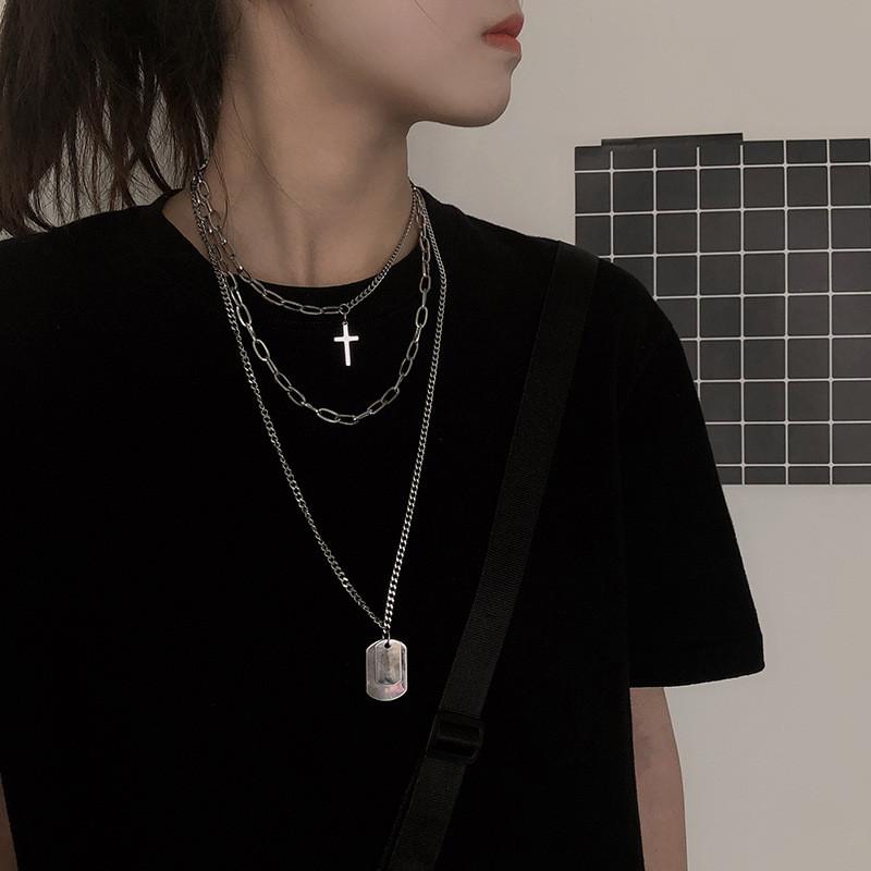 Cross Multi-layer Pendant Necklace Retro Hipster Hip Hop Rock Clavicular Choker Necklace Stainless Steel