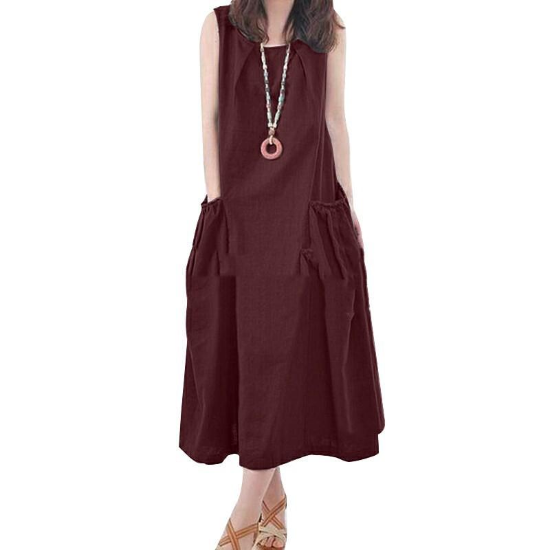 Sommer ärmelloses Maxikleid Damen Mode Arbeit Urlaub Sommerkleid Lässig Einfarbige O-Ausschnitt Vestidos Midi Robe Oversize