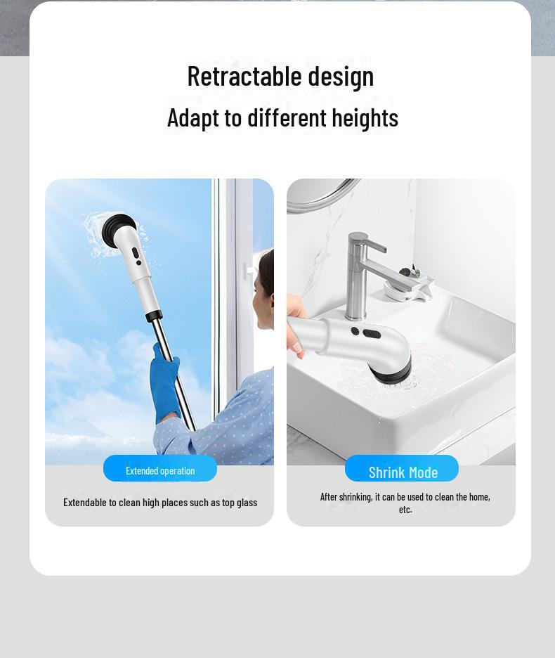 Neun-in-Eins Handheld Elektrische Reinigungsbürste mit Teleskopstiel und Wischfunktion.