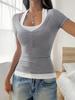 Ladies' Casual Square Collar, Contrasting Color, Fake Two-piece Button Design, Slim Fit Short Sleeved Shirt