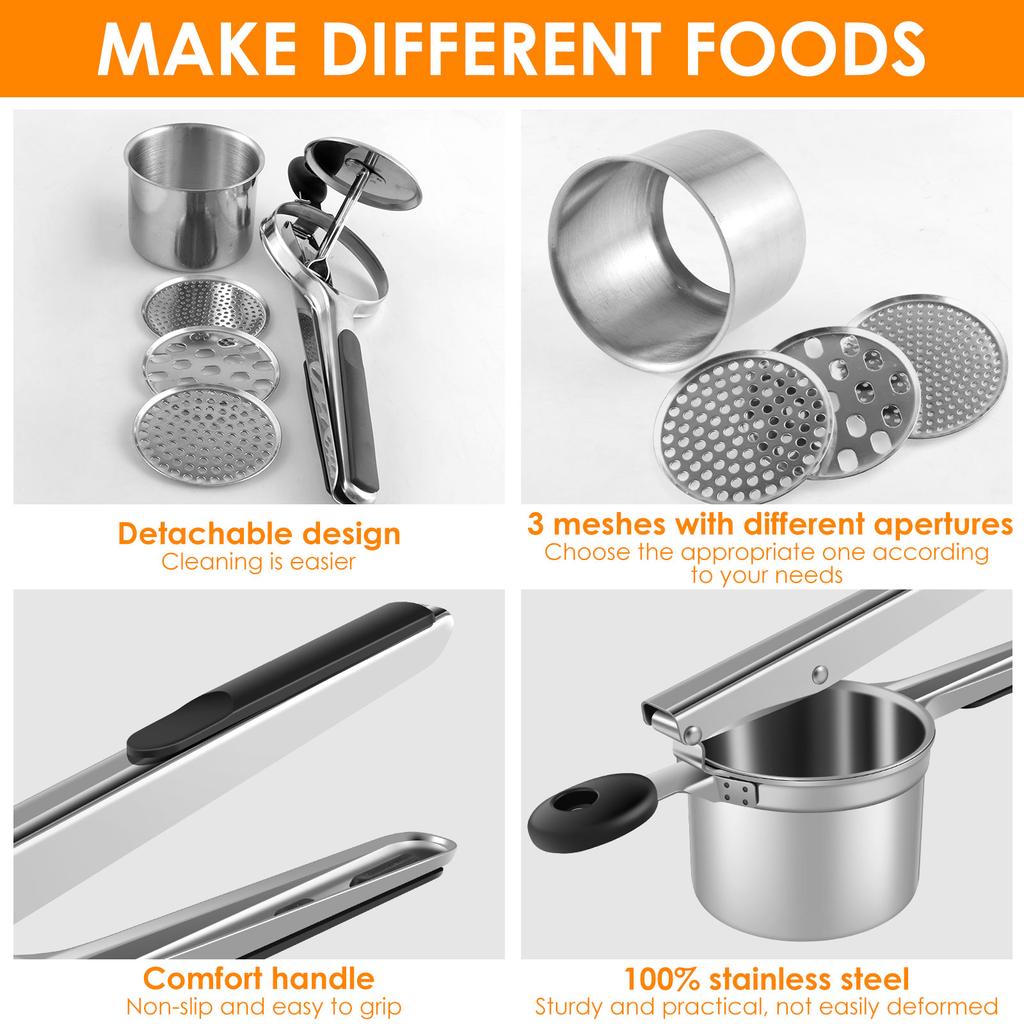 Neu Kartoffel Reis Edelstahl Kartoffelstampfer mit 3 Abnehmbaren Scheiben Manuelle Lebensmittel Presse mit Ergonomische Anti-Rutsch Griff