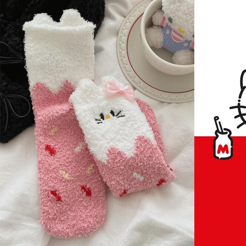 

5pair Cute Cat Coral Fleece Socks Women S Fleece Thickened Non-Hair-Shedding Home Floor Socks Drop Winter Warm Sleep Socks One size fits all розовый