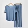 2Pcs/Set Summer Pajamas Set O-Neck Short Sleeve Tee Shirt Elastic Waist Long Pants Set Ice Silk Solid Color Sleepwear