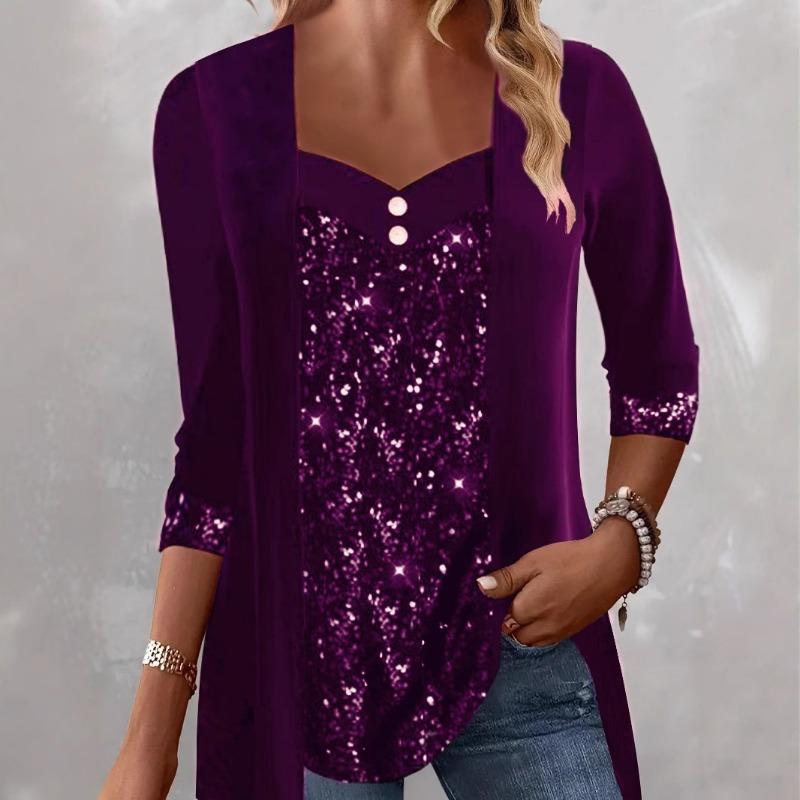 Podzim Zima Flitrované Knoflíkové Trička Dámské T-top s Dlouhým Rukávem