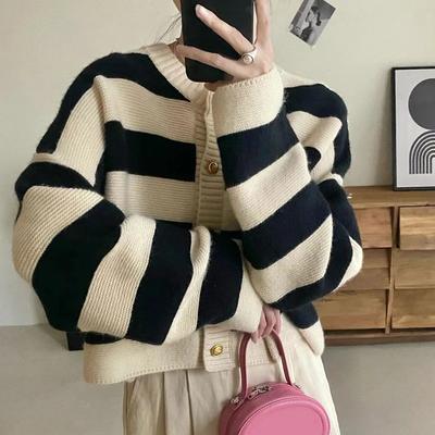 Women Spring Autumn Sweaters O-neck Stripe Knitted Cardigan Fashion Long Sleeve Casual Short Tops Oversized Sweater