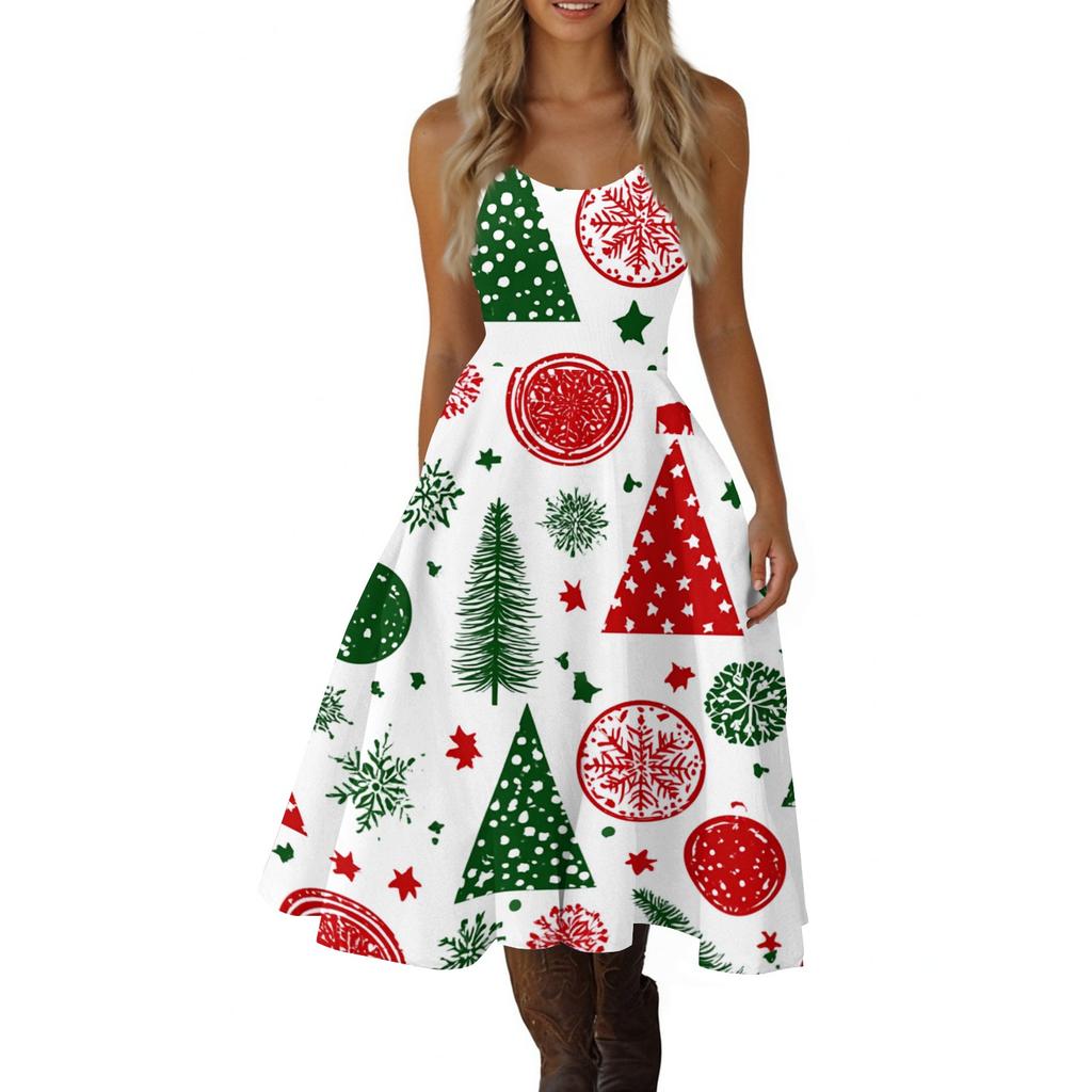 Women's Sexy Off-Shoulder Vintage Christmas Print Dress for Holiday Party