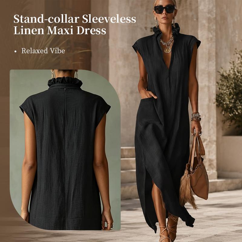 Abbigliamento Donna Estate Stile Europeo Abito Lungo Cotone Senza Maniche Monocolore Vestibilità Larga Scollo a V Casual