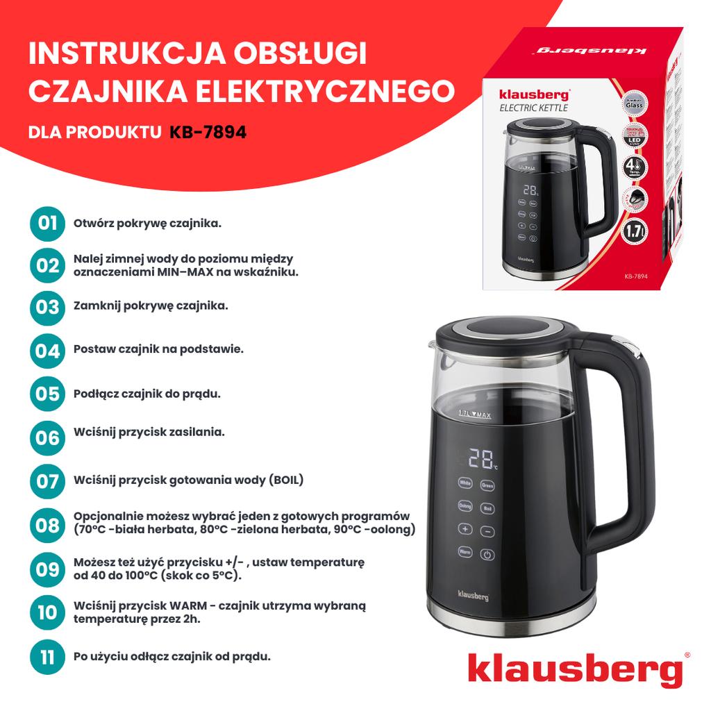 Czajnik elektryczny z regulacją temperatury 1.7L bezprzewodowy czarny KLAUSBERG KB-7894