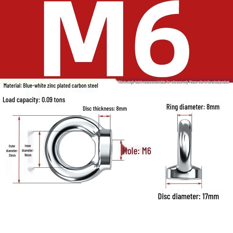 Marine Grade Zinc-Plated Hardened Carbon Steel Lifting Eye Bolt with Nut, Round Ring, Extended Thread, M6 M8 M20