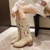 Women Mid-calf Boots Handmade Retro Western Cowboy Boots Casual Sneakers Riding Shoes Pointed Toe Chunky Heel Hollow Boots