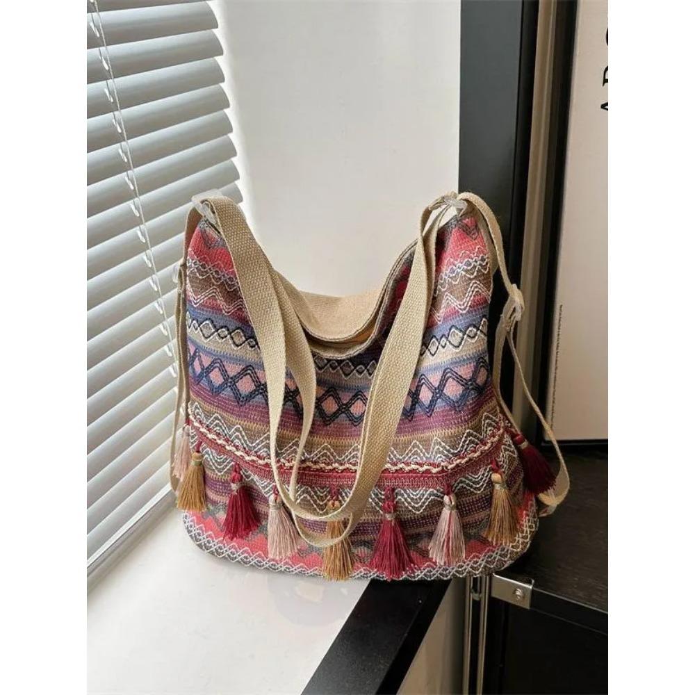 Vintage Damentasche mit Quaste, ethnisch, handgewebt, Umhängetasche für Damen, Hippie-Sling-Schultertaschen für Damenhandtasche