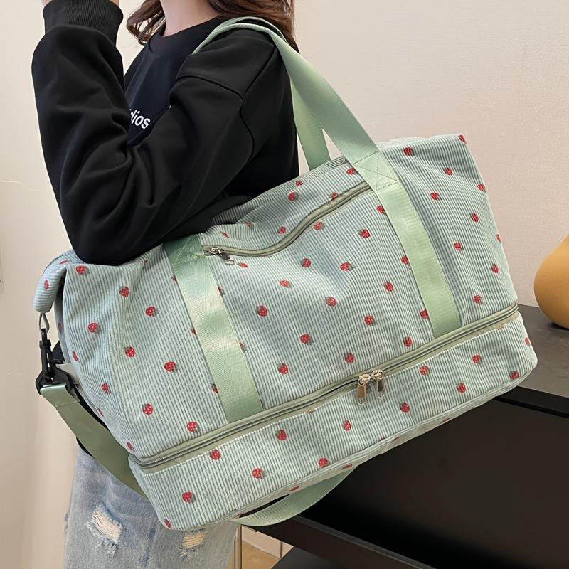 Large Capacity Travel Duffel Bag with Strawberry Pattern - Gym, Weekend, Vacation Bag - Independent Shoe Compartment & Multiple Pockets