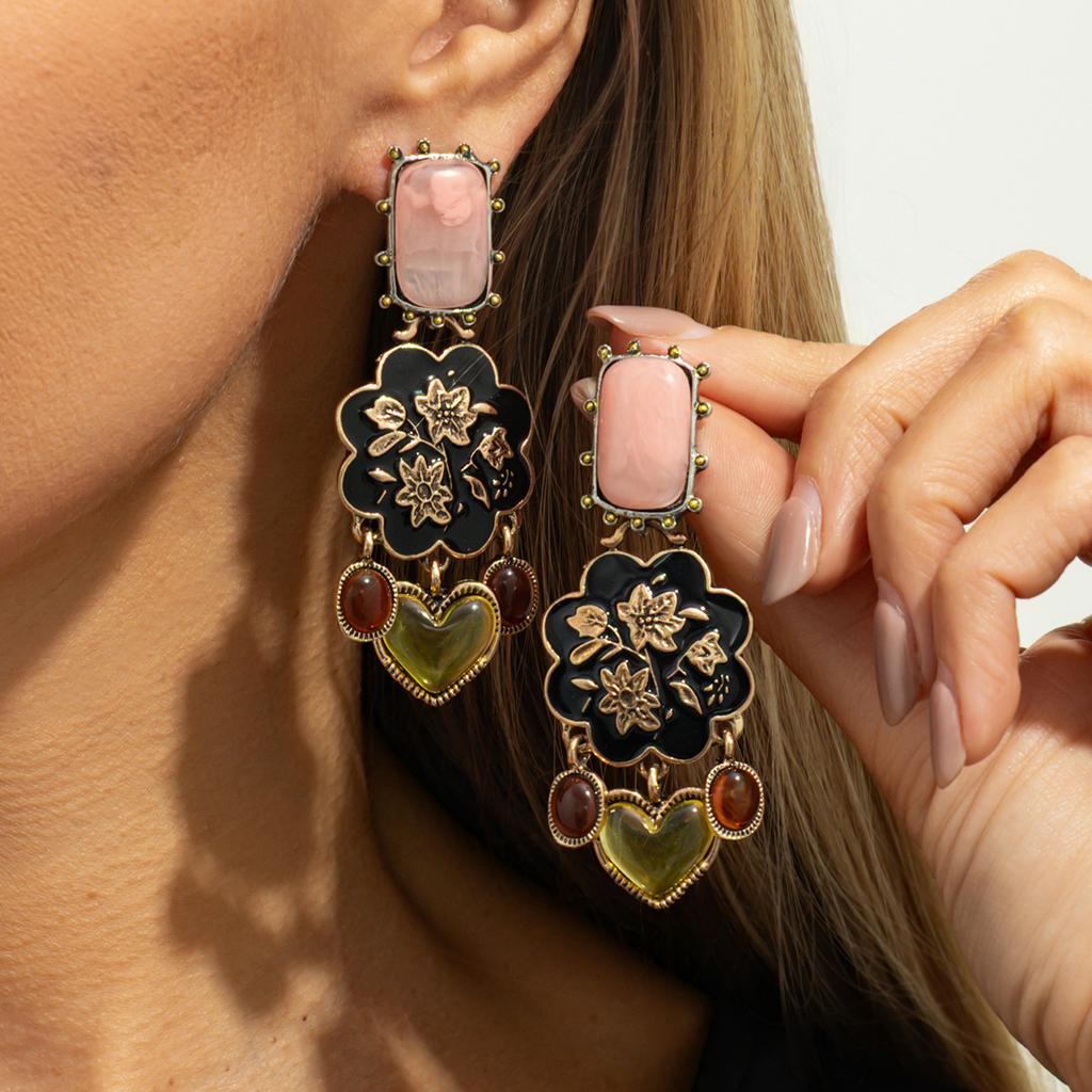 Orecchini Lunghi con Frange in Pietra Preziosa Intagliata Stile Corteo Vintage Orecchini a Bottone Geometrici in Acrilico con Diamanti Lusso Leggero