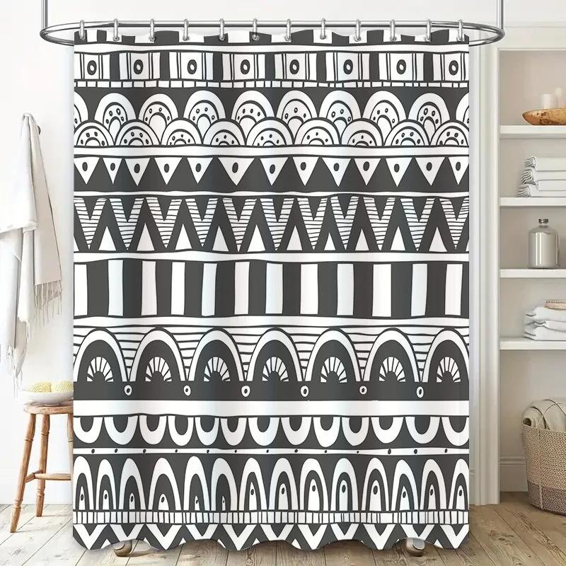 Modern Geometric Bathroom Shower Curtain Black White Striped Decorative Waterproof Fabric for Bathrooms Size 72x84 inches