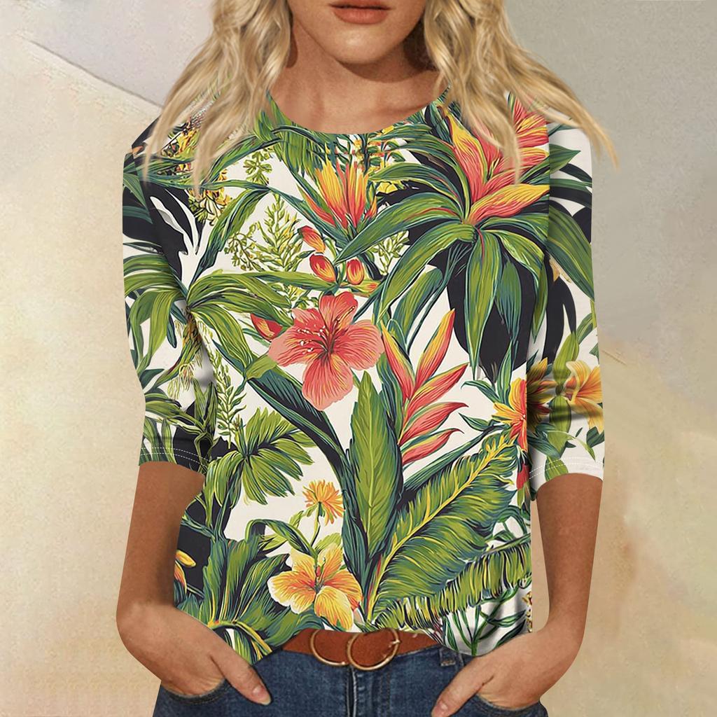 Top T-shirt casual alla moda da donna con scollo rotondo, manica a tre quarti e stampa