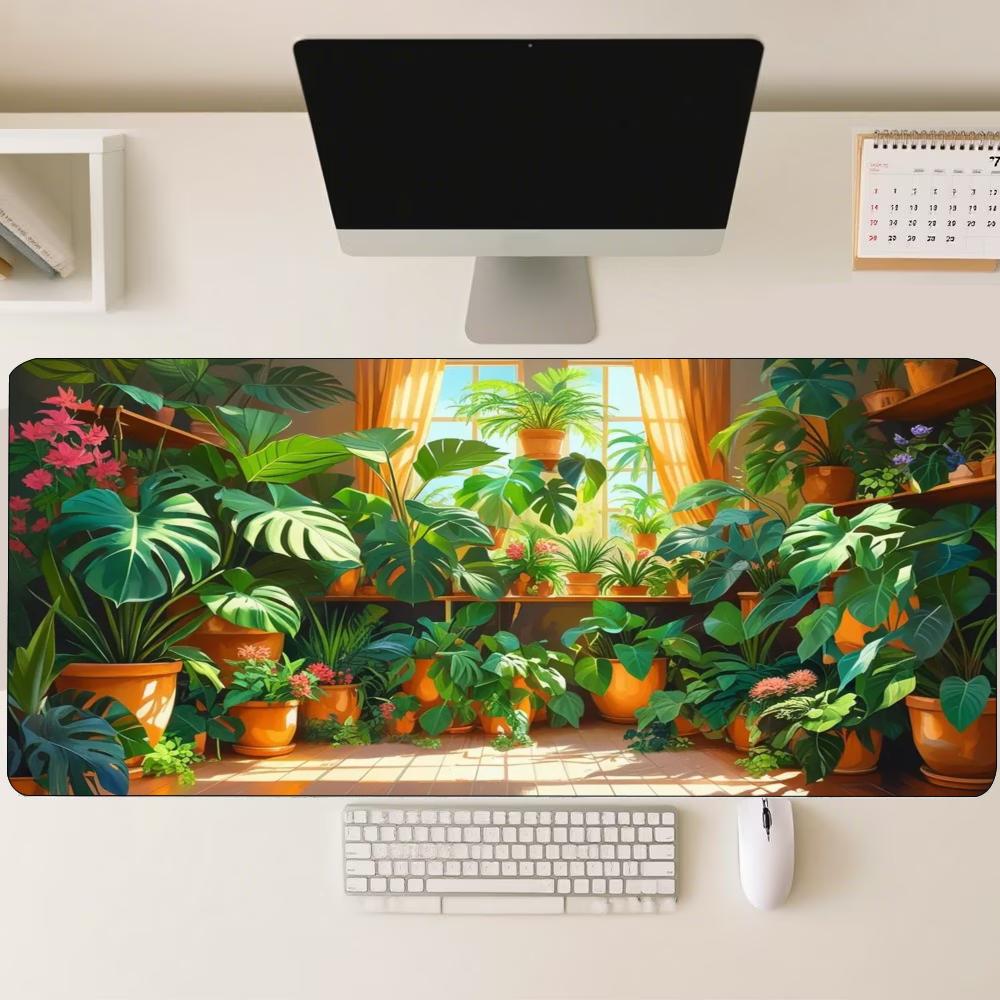Boho Tropical Foliage Gaming Mousepad Colorful Potted Flora Deskmat NonSlip Rubber Stitched Edge Pad For Home Pc Gaming Lovers
