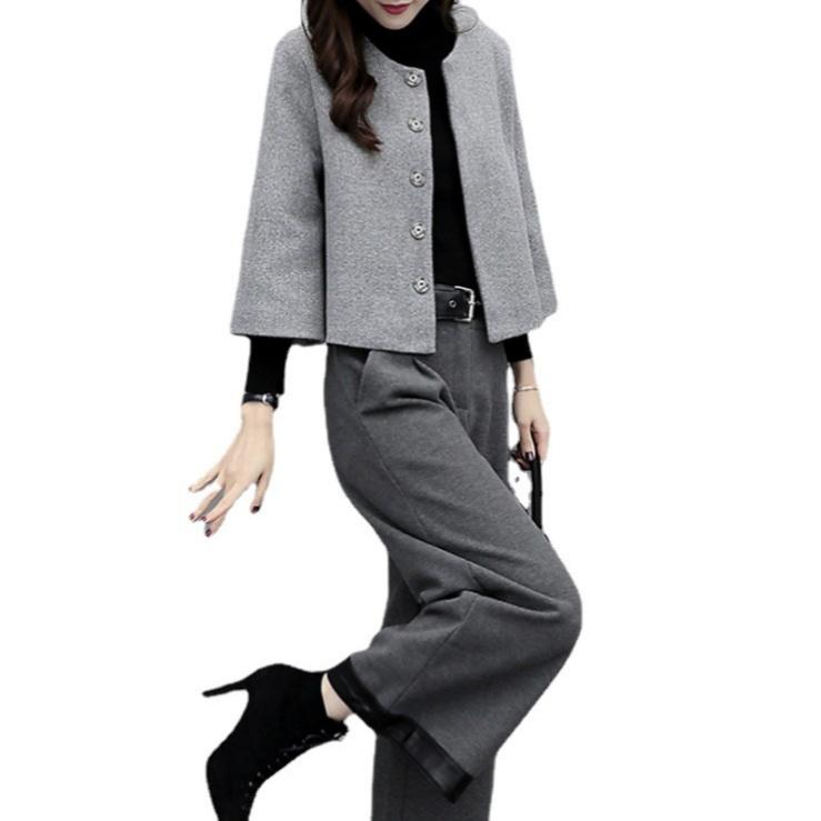 Women's Autumn and Winter Plus Size Two-piece Pants Woolen Short Jacket Wide-leg Pants Casual Fashion Suit Women's Trend