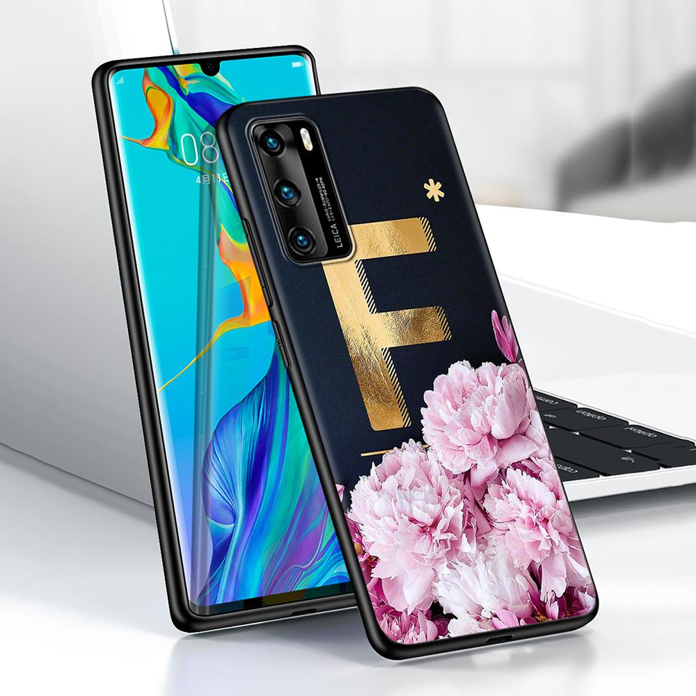 Golden Letter Flower Case for Huawei P30 P Smart Z P40 Lite E P20 Y6 Y7 Y9 2019 Honor 8X Play 9A 50 20 9X Pro Black Soft Cover
