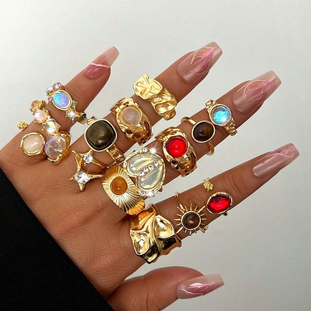 Tiger Eye Inlaid Crystal Ring Set Gold Plated Finger Open Rings Set New Geometric Rings Set Women