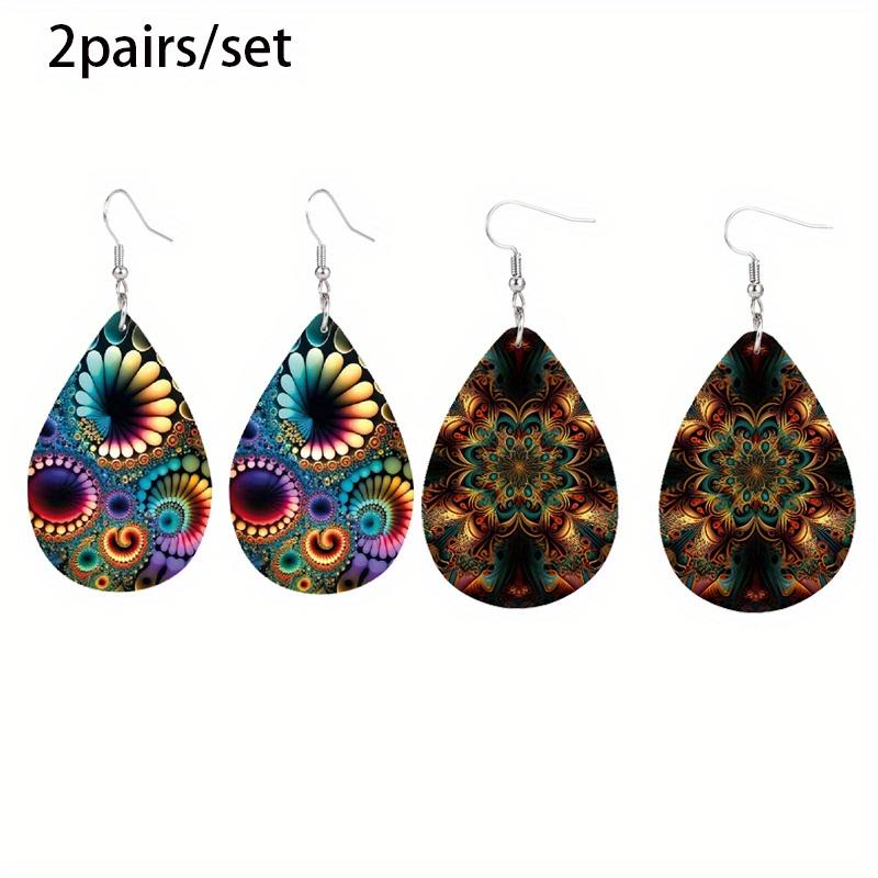 Bohemian Style Colorful Kaleidoscope Mandala Pattern Tears Earrings Lightweight Fashion Waterdrop Shape PU Leather Earrings