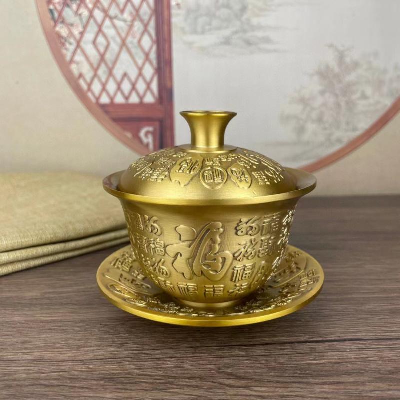 Brass Hundred Blessings Bowl Three-Piece Creative Cup With Lid Living Room New Chinese Classical Tea Set