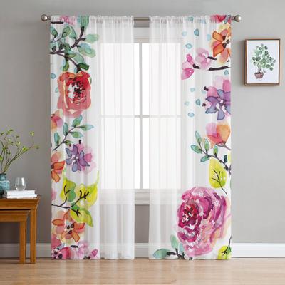Rideau de fenêtre en Tulle Rose aquarelle, Art floral, pour salon, moderne, transparent, pour chambre à coucher, rideaux de cuisine personnalisés