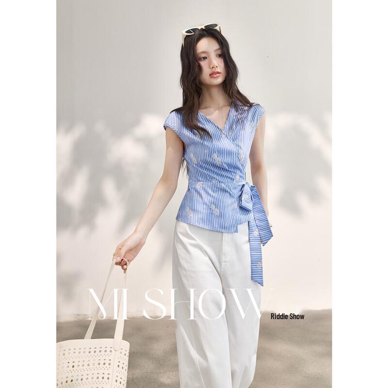 Women s Blue and White Striped Side-Tie Wrap Blouse M